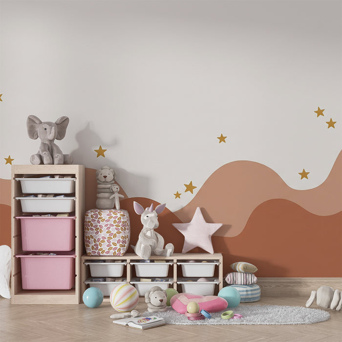Lastenhuoneen tapetti | Lempeät aallot ja kultaiset tähdet vaalealla pohjalla
