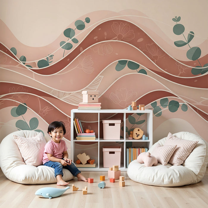 Papel de parede para quarto de bebé | Ondas suaves e folhagem delicada em tons pastel