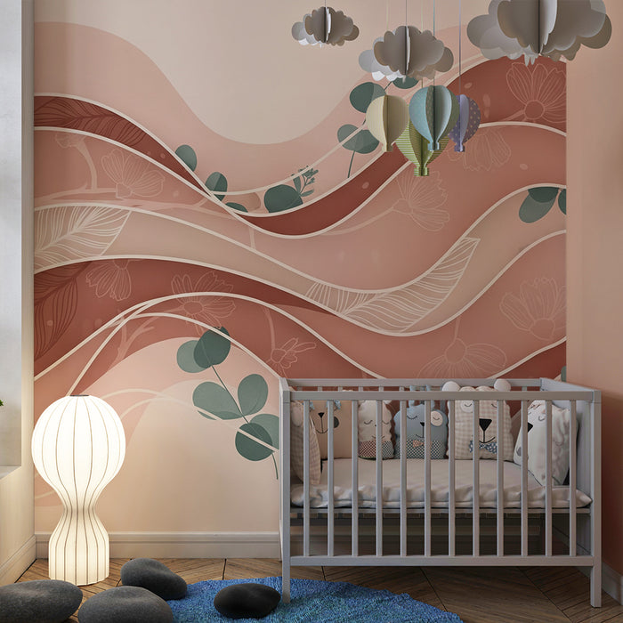 Papel de parede para quarto de bebé | Ondas suaves e folhagem delicada em tons pastel