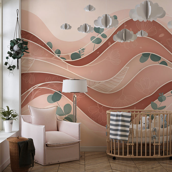 Papel de parede para quarto de bebé | Ondas suaves e folhagem delicada em tons pastel