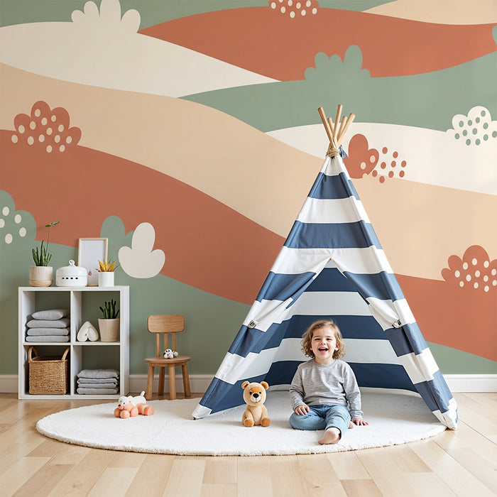 Lastenhuoneen tapetti | Lempeitä aaltoja ja kukkakuvioita pastellisävyissä