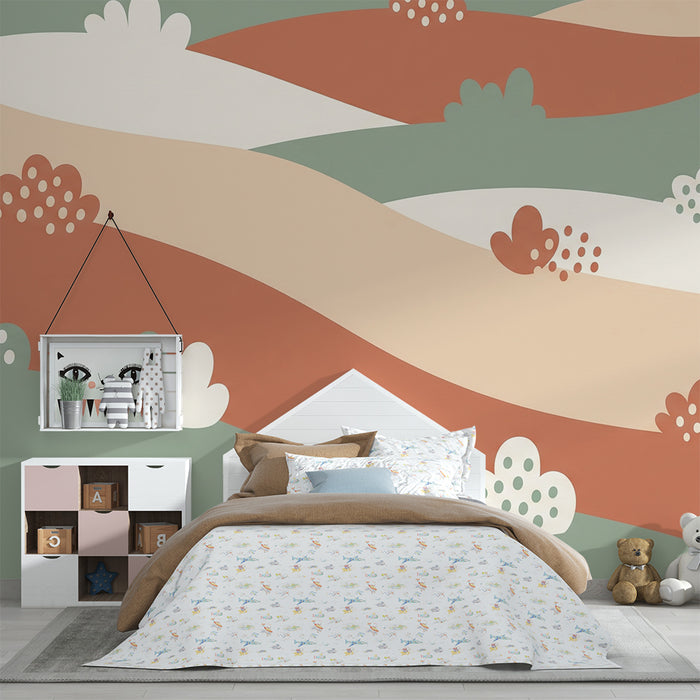 Lastenhuoneen tapetti | Lempeitä aaltoja ja kukkakuvioita pastellisävyissä
