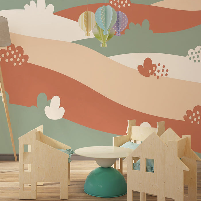 Lastenhuoneen tapetti | Lempeitä aaltoja ja kukkakuvioita pastellisävyissä