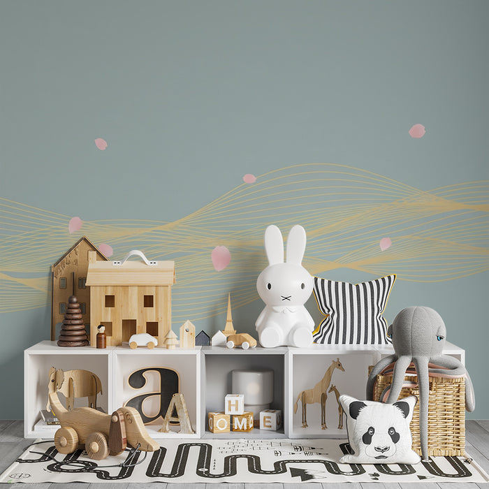 Papel pintado infantil | Suaves olas y pétalos rosados sobre fondo azul