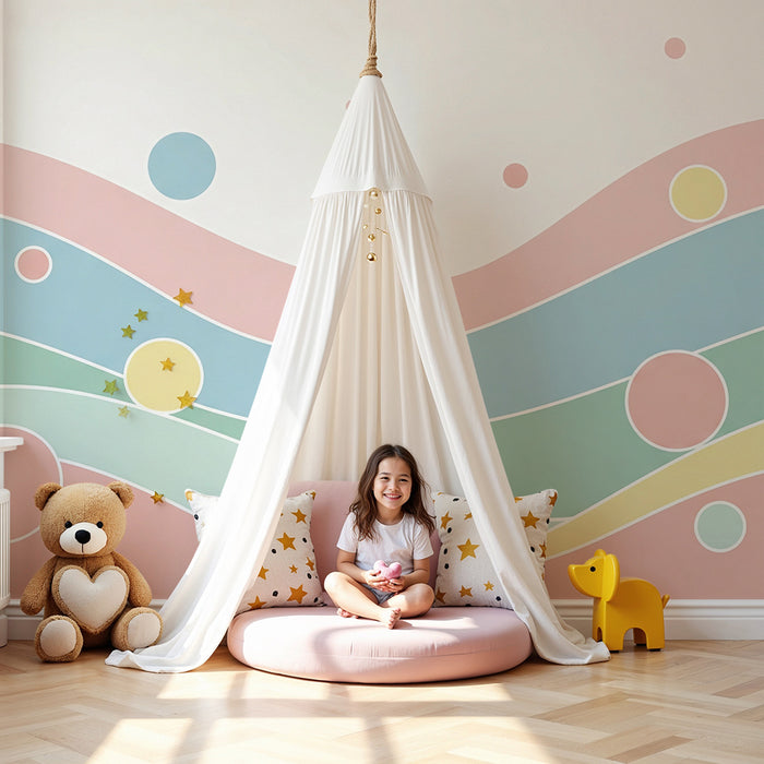 Barntapet | Mjuka pastellvågor med färgglada cirklar