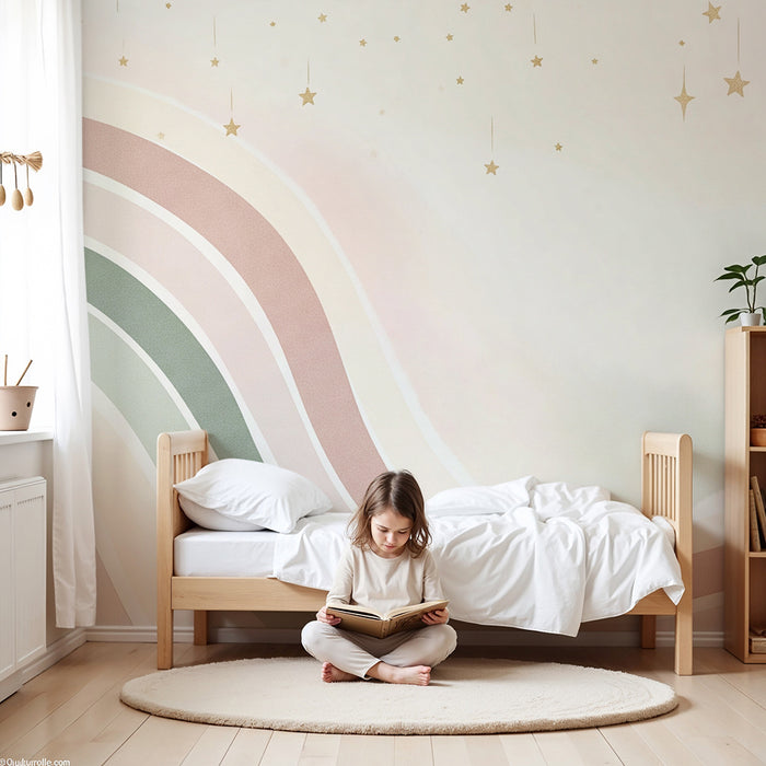 Lastenhuoneen tapetti | Lempeät pastelliväriset aallot kultaisilla tähdillä