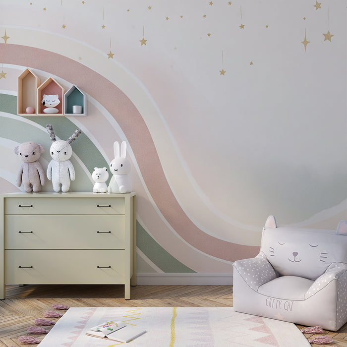 Lastenhuoneen tapetti | Lempeät pastelliväriset aallot kultaisilla tähdillä