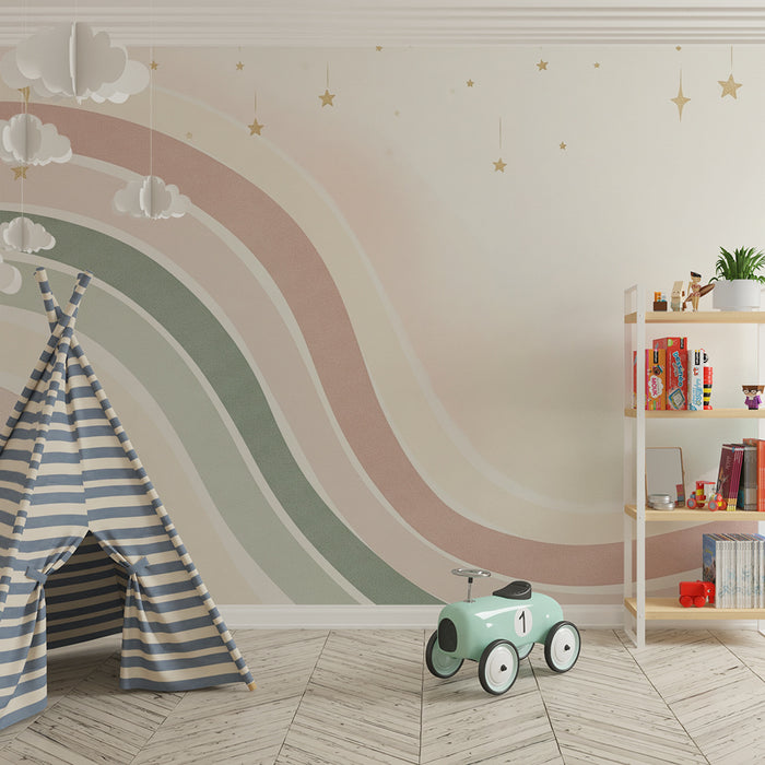 Lastenhuoneen tapetti | Lempeät pastelliväriset aallot kultaisilla tähdillä