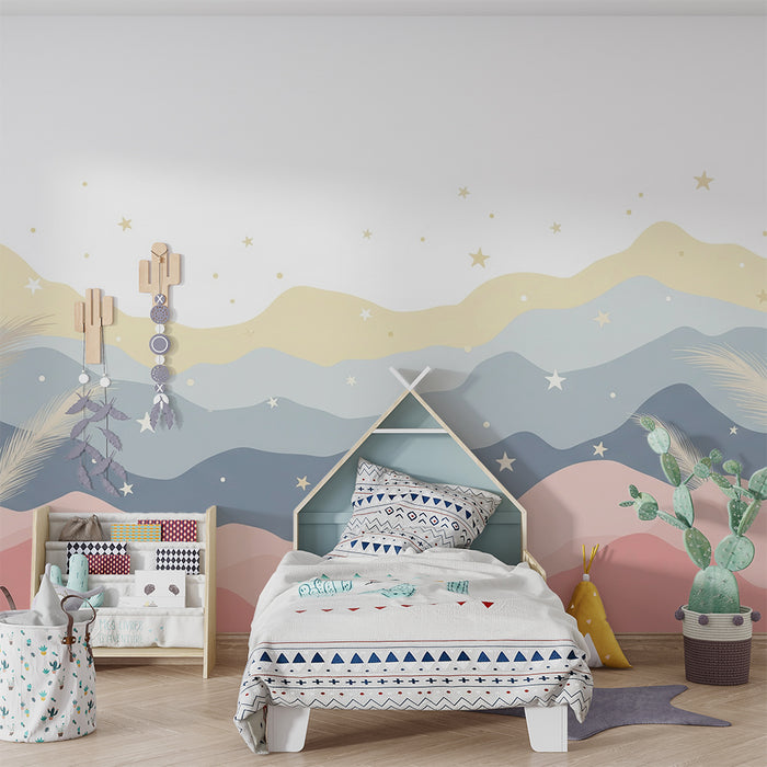 Papel de parede quarto bebê | Suaves ondas pastel com estrelas e folhagem