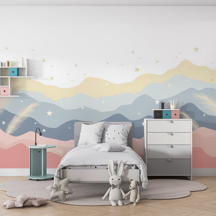 Papel de parede quarto bebê | Suaves ondas pastel com estrelas e folhagem