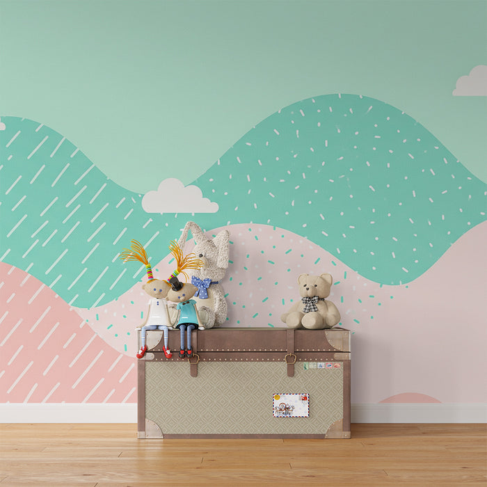 Babykamer behang | Zachte pastelgolven met wolken