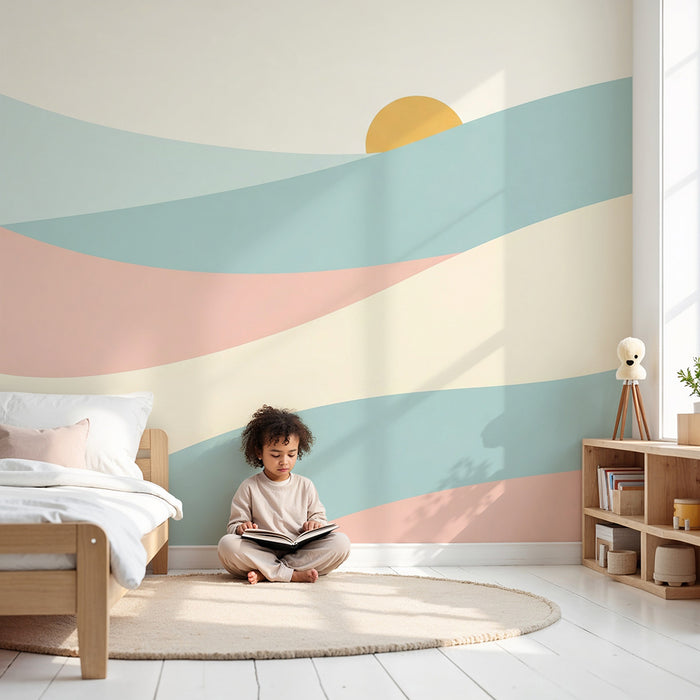Papel pintado infantil | Suaves olas pastel con un sol naciente