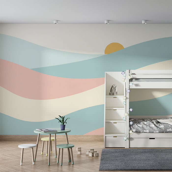 Papel pintado infantil | Suaves olas pastel con un sol naciente