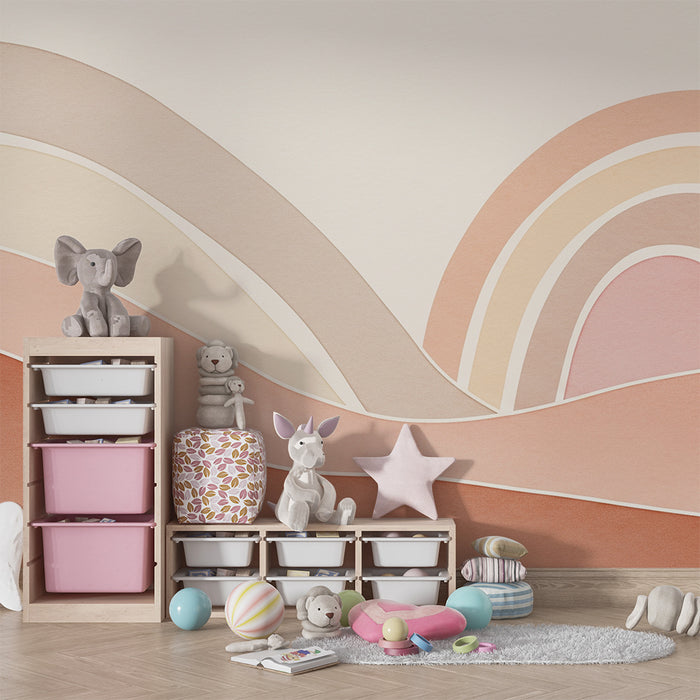 Lastenhuoneen tapetti | Lempeät pastellisävyiset aallot ja lämpimät sateenkaaren värit