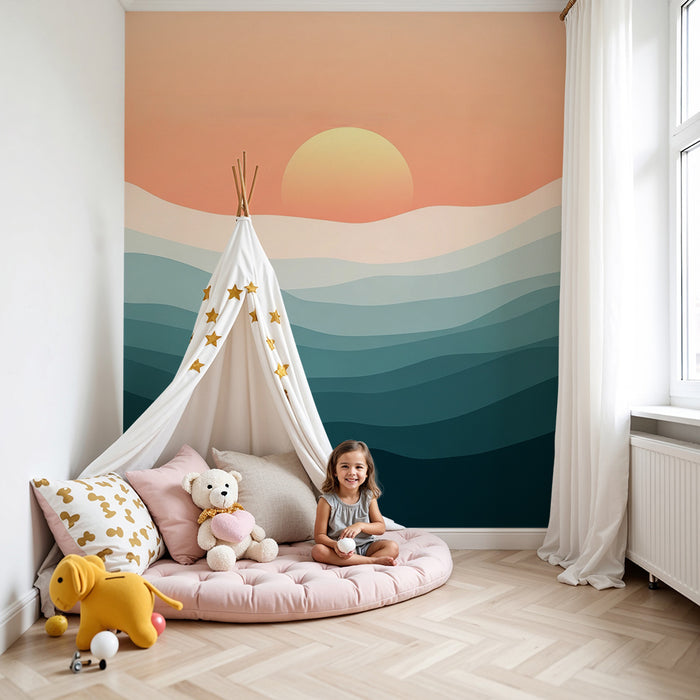 Papel pintado infantil | Suaves olas pastel y amanecer tranquilizador