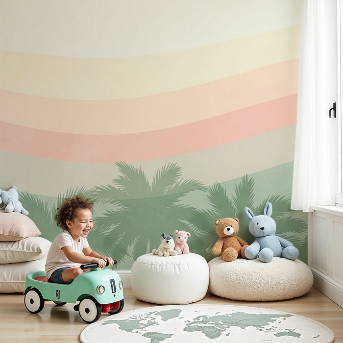 Lastenhuoneen tapetti | Lempeät pastellivärit ja rauhoittavat palmupuut