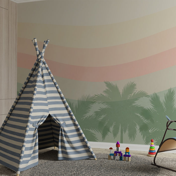 Lastenhuoneen tapetti | Lempeät pastellivärit ja rauhoittavat palmupuut