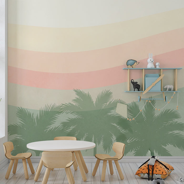 Lastenhuoneen tapetti | Lempeät pastellivärit ja rauhoittavat palmupuut