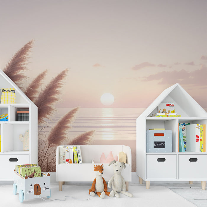 Barntapet | Sötma av en solnedgång på stranden med pampasgräs