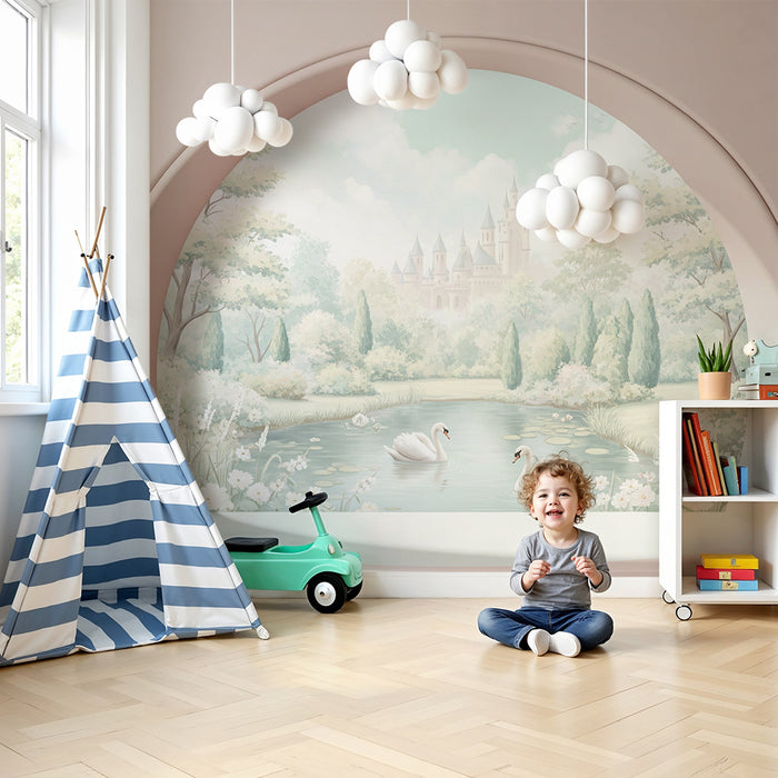 Papier peint chambre bébé | Douceur d'un lac avec cygnes et château féerique
