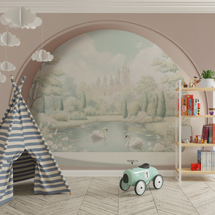Papier peint chambre bébé | Douceur d'un lac avec cygnes et château féerique