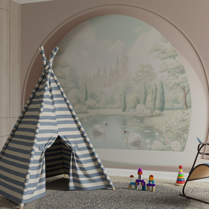 Papier peint chambre bébé | Douceur d'un lac avec cygnes et château féerique
