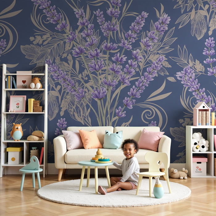 Tapeta dětského pokoje | Jemnost levandule na modrém pozadí