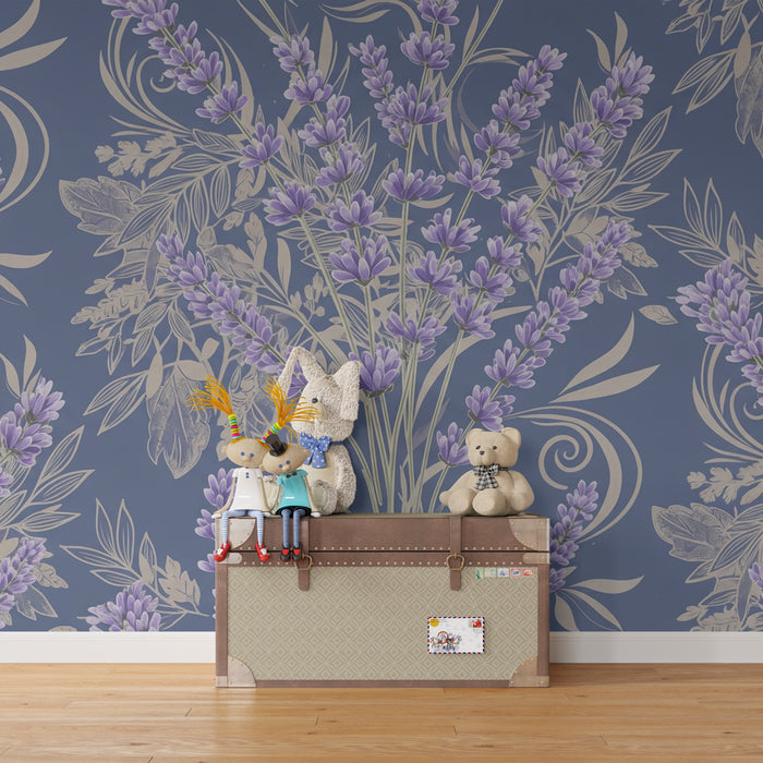 Tapeta dětského pokoje | Jemnost levandule na modrém pozadí