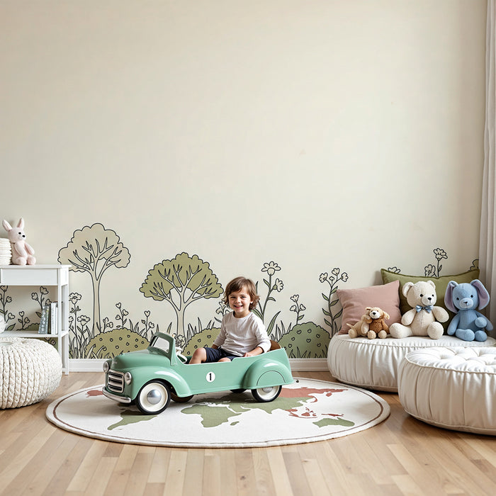 Papier peint chambre bébé | Douceur de la nature avec arbres et fleurs délicates
