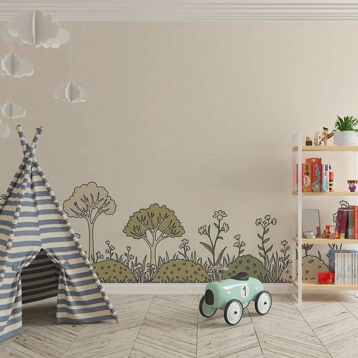 Papier peint chambre bébé | Douceur de la nature avec arbres et fleurs délicates
