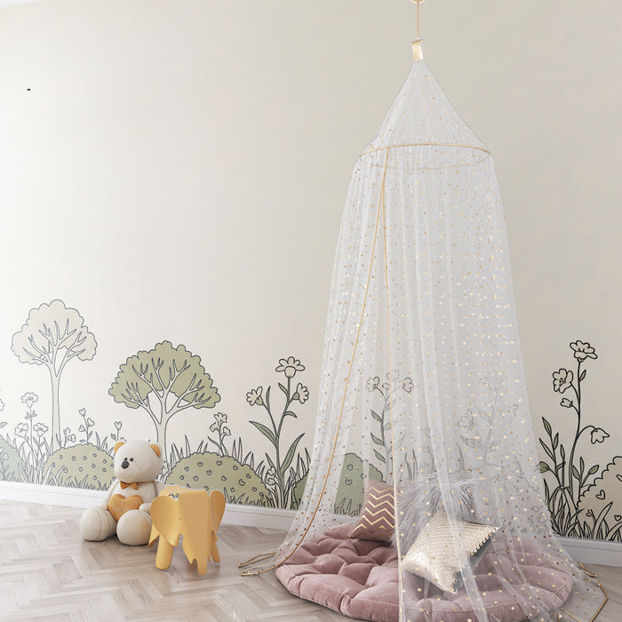 Papier peint chambre bébé | Douceur de la nature avec arbres et fleurs délicates