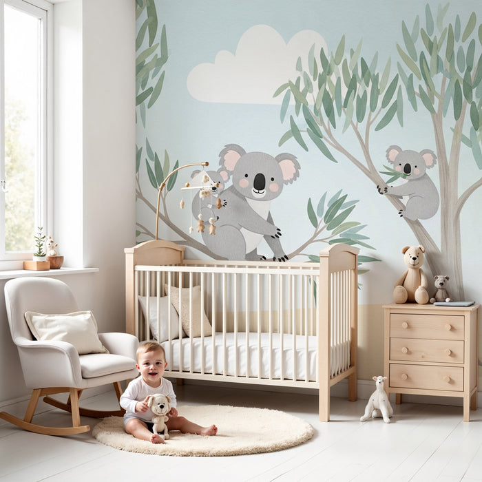 Carta da parati bambini | Dolcezza dei koala su sfondo naturale