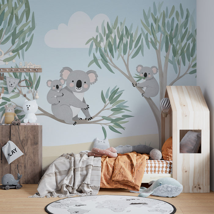 Carta da parati bambini | Dolcezza dei koala su sfondo naturale