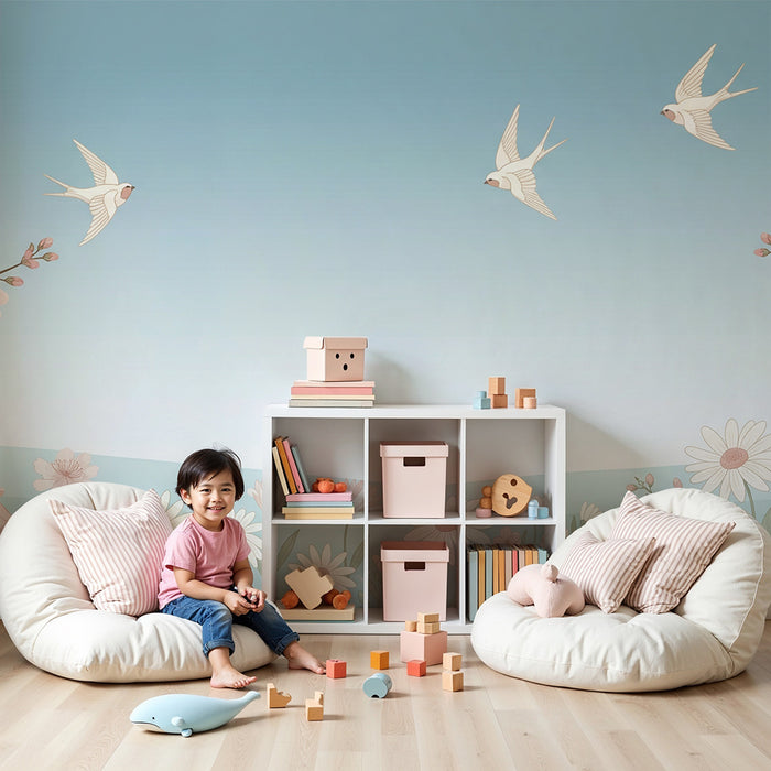 Papier peint chambre bébé | Douceur florale avec oiseaux en vol et ciel apaisant