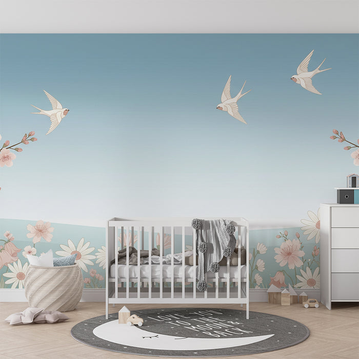 Papier peint chambre bébé | Douceur florale avec oiseaux en vol et ciel apaisant