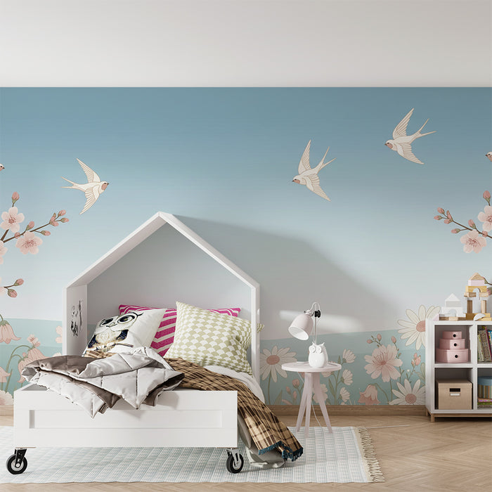 Papier peint chambre bébé | Douceur florale avec oiseaux en vol et ciel apaisant