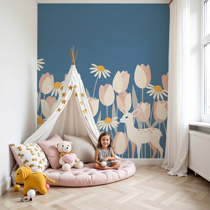 Papel de parede quarto bebê | Nežna cvetlična vzorčna s srnjem in pastelnimi tulipani