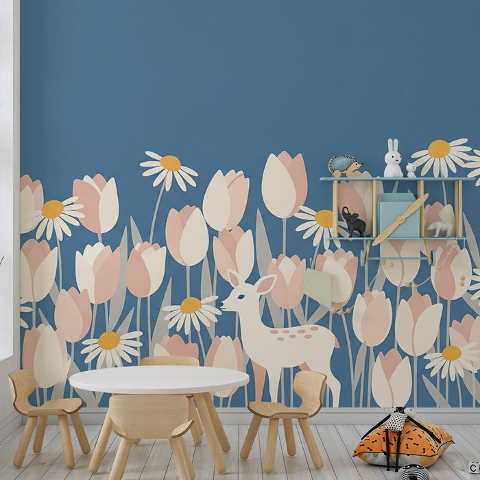 Papel de parede quarto bebê | Nežna cvetlična vzorčna s srnjem in pastelnimi tulipani