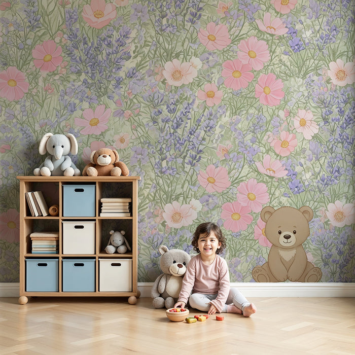 Lastenhuoneen tapetti | Kukkainen pehmolelukarhu