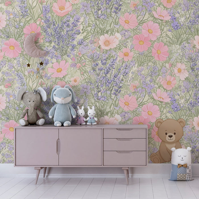 Lastenhuoneen tapetti | Kukkainen pehmolelukarhu