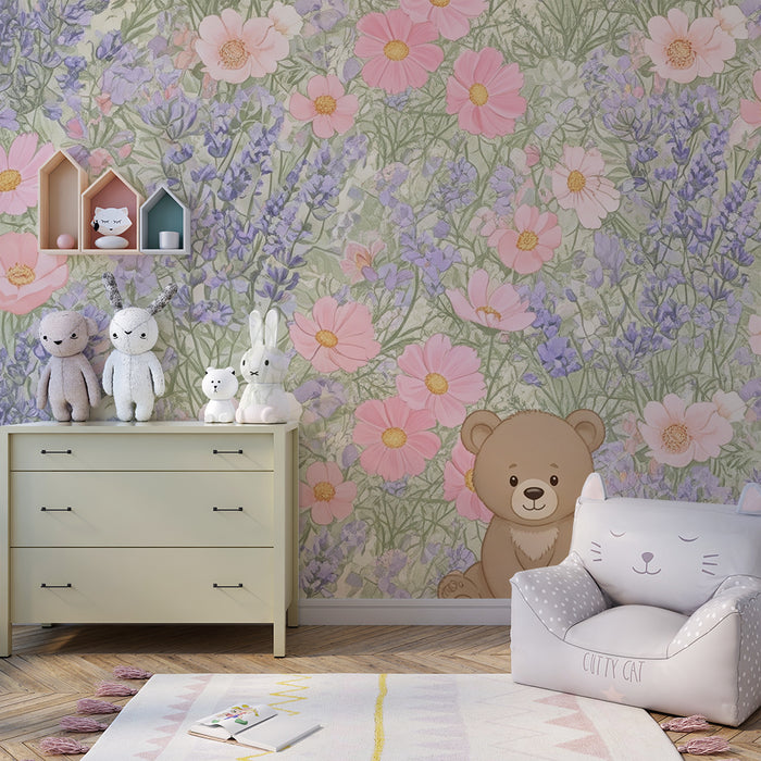 Lastenhuoneen tapetti | Kukkainen pehmolelukarhu