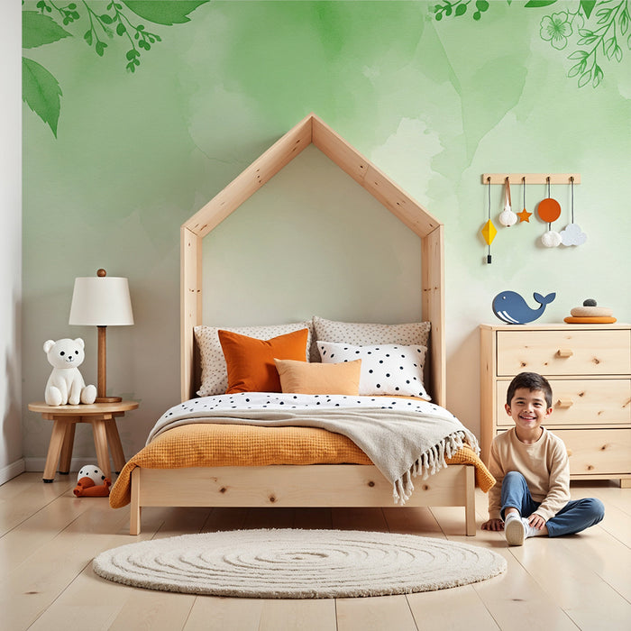 Papier peint chambre bébé | Douceur florale sur fond vert aquarelle