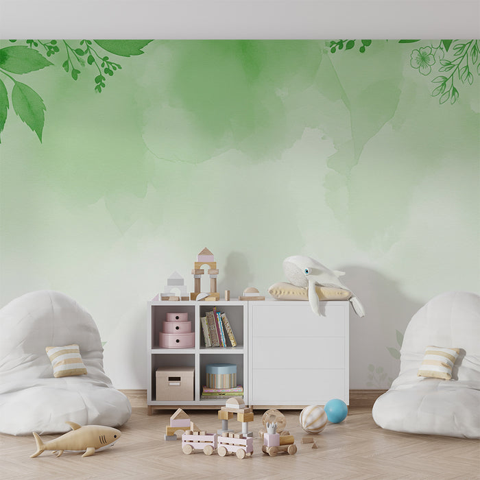 Papier peint chambre bébé | Douceur florale sur fond vert aquarelle