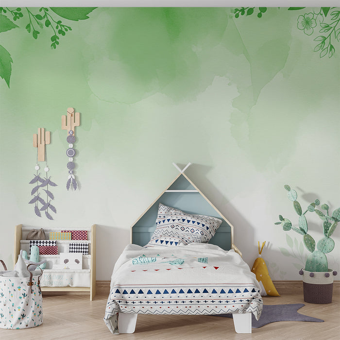 Papier peint chambre bébé | Douceur florale sur fond vert aquarelle