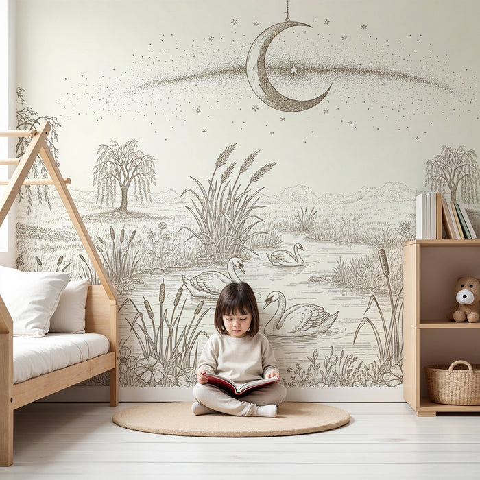 Papier peint chambre bébé | Douceur nocturne avec cygnes et lune