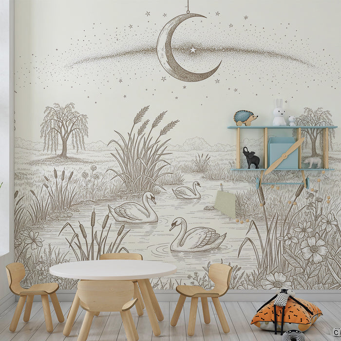 Papier peint chambre bébé | Douceur nocturne avec cygnes et lune