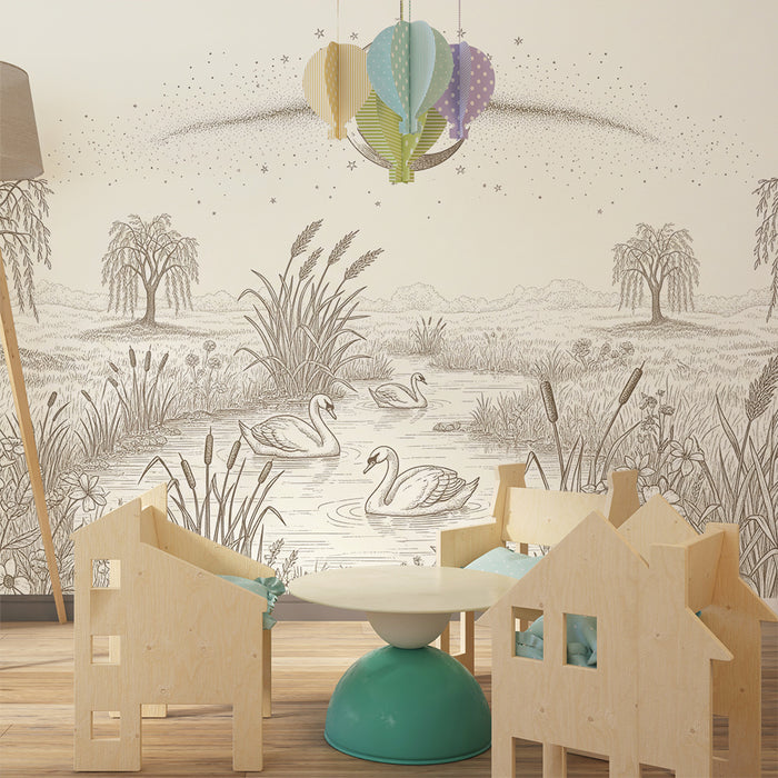 Papier peint chambre bébé | Douceur nocturne avec cygnes et lune