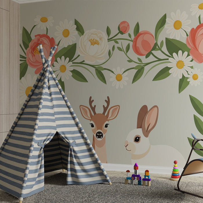 Barntapet | Mjuka skogsdjur omgivna av färgglada blommor