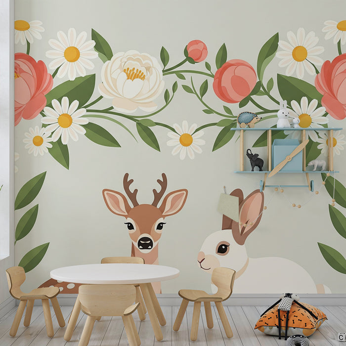 Barntapet | Mjuka skogsdjur omgivna av färgglada blommor