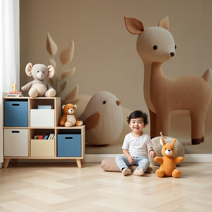 Nursery room wallpaper | Soft fabric animals a bird and a fawn